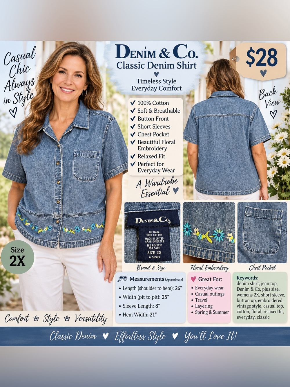 Denim&Co women’s Short-Sleeve Blue Denim Button-Front Shirt with Floral Trim